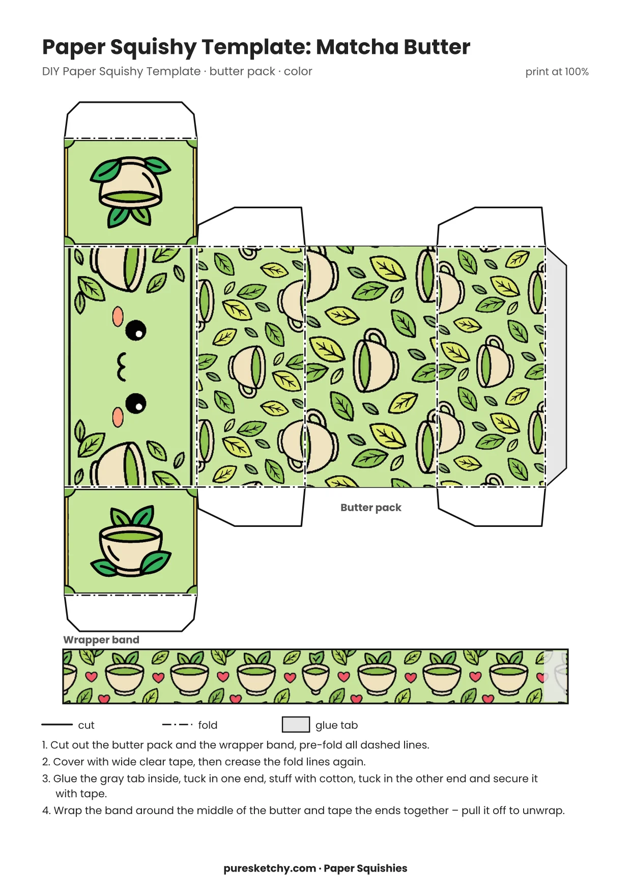 Soft green paper butter pack with a calm face, a small tea bowl and tea leaves