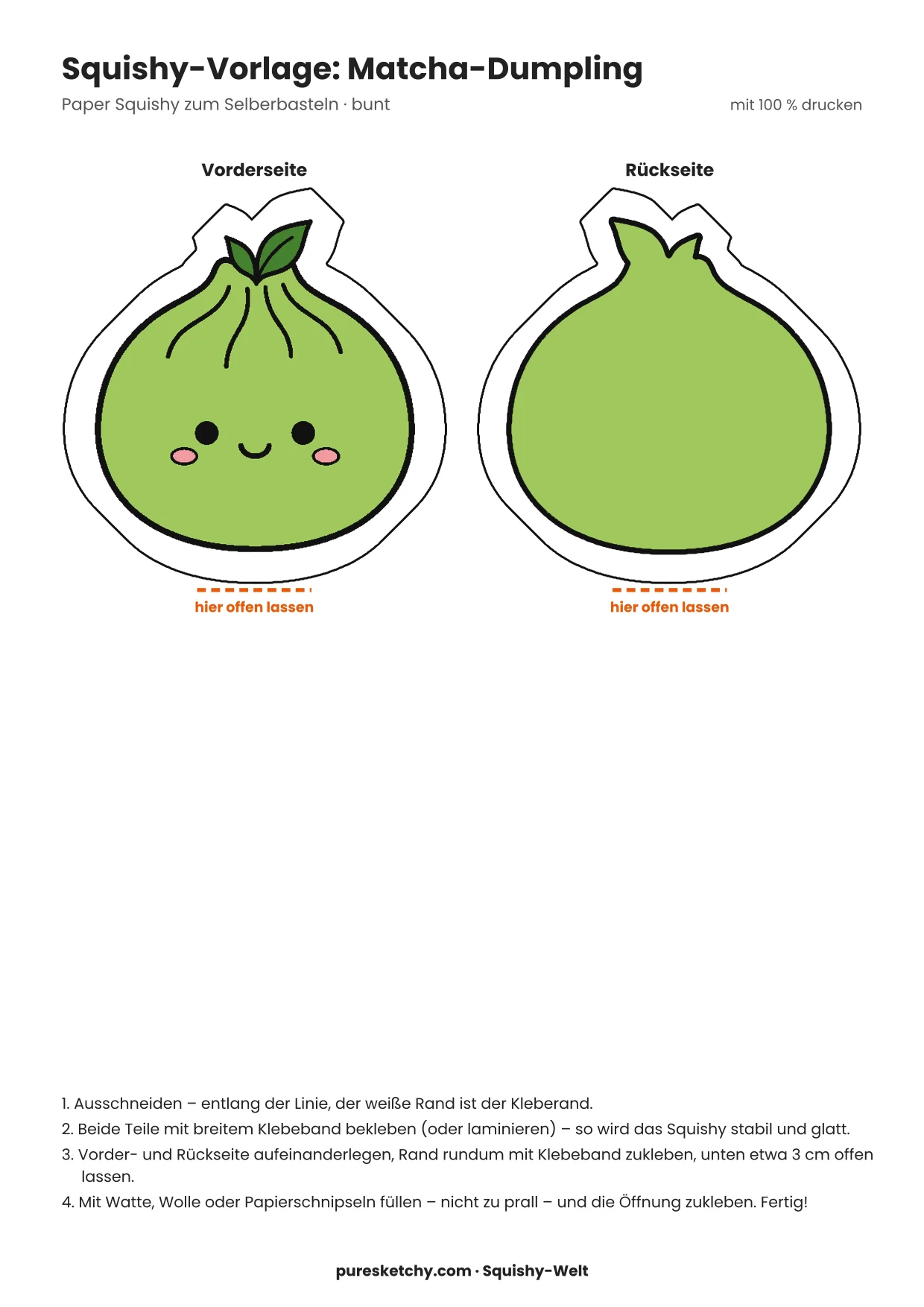Grüner Papier-Squishy-Dumpling mit kleinem Teeblatt auf der Spitze und zufriedenem Gesicht