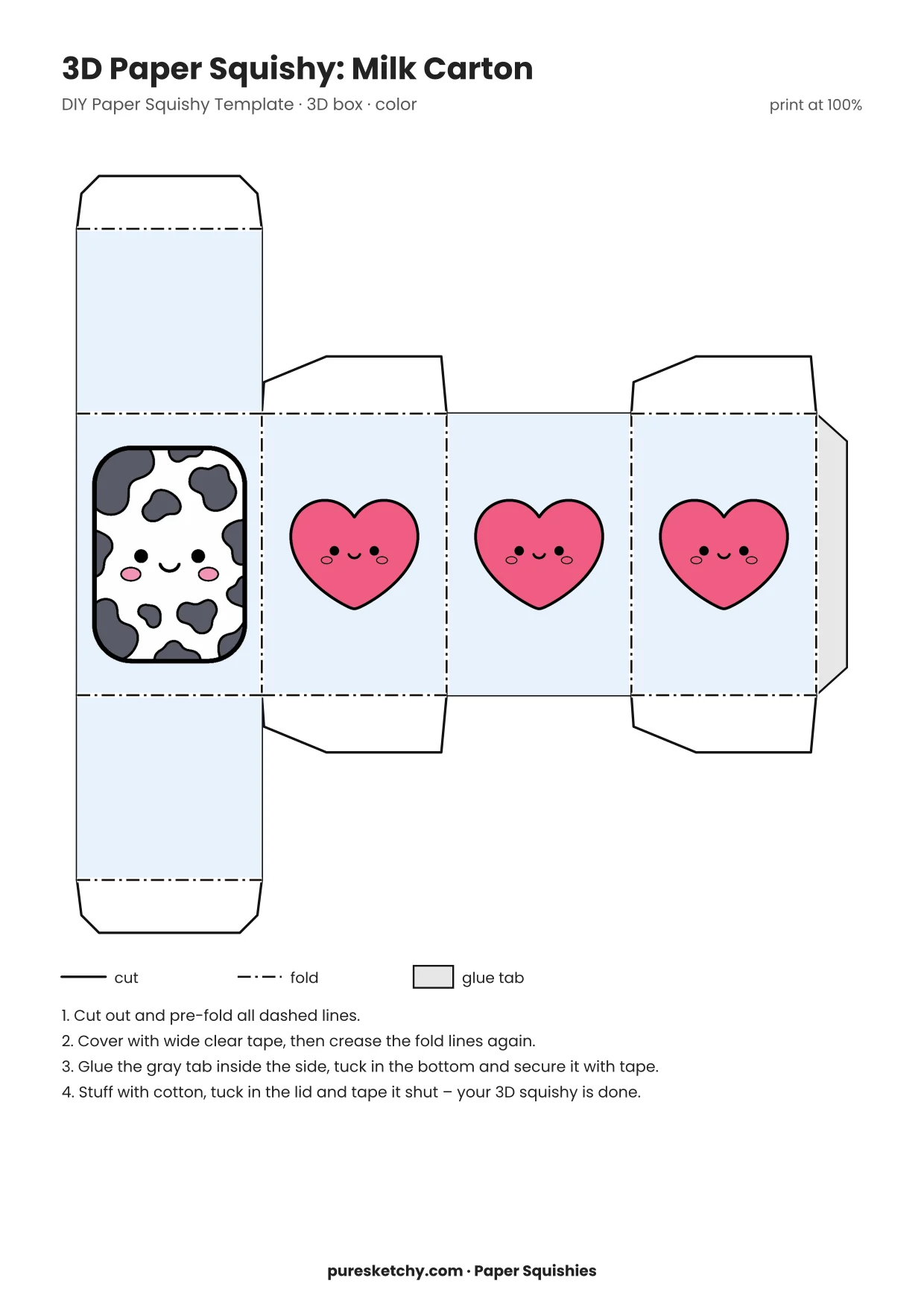 Blue and white milk carton fold-out with cow spots, a smiling face and a little milk drop