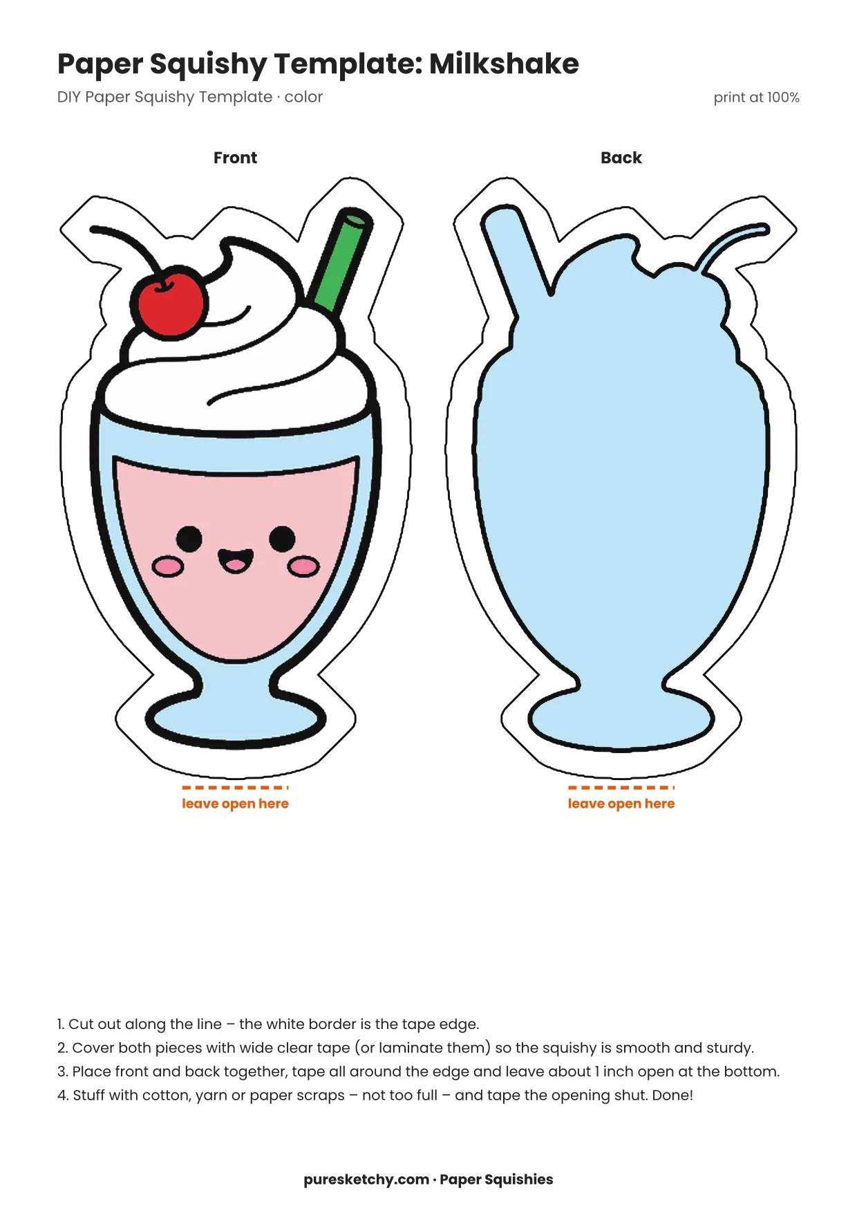 Tall glass of pink milkshake with whipped cream, a cherry, a straw and a smiling face as a paper squishy