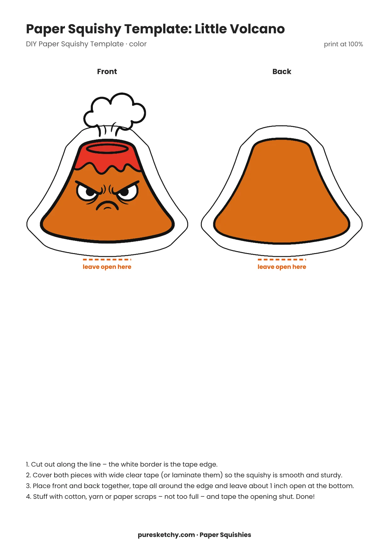 Small brown volcano with an angry face, red lava at the crater and gray puffs of smoke