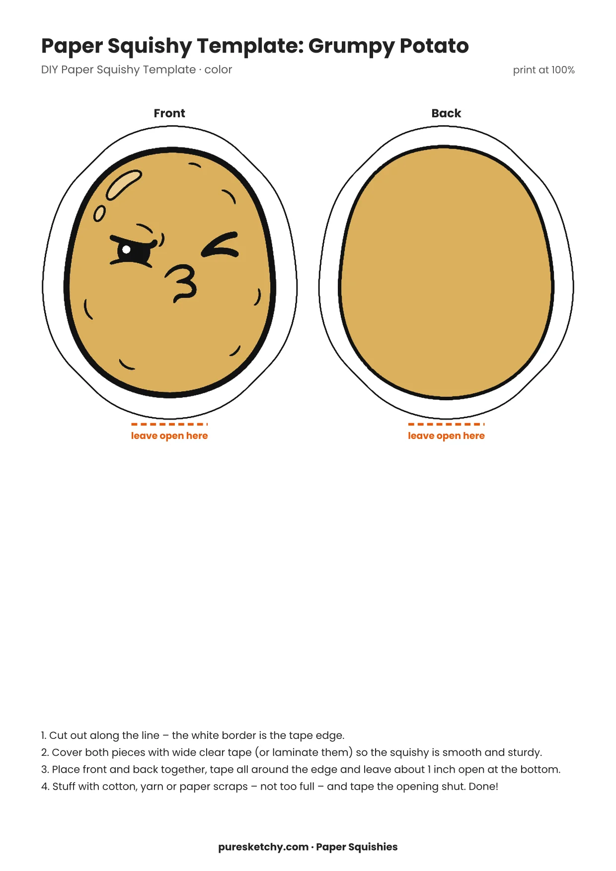 Brown lumpy potato with sprouts, crooked eyes and a sulky downturned mouth