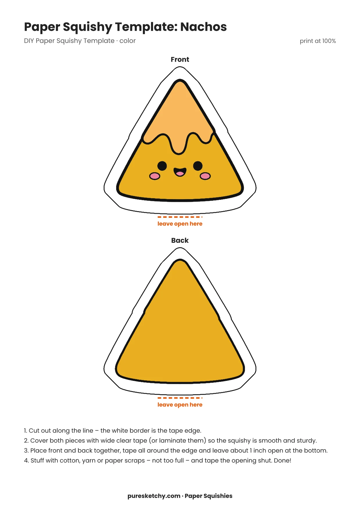 Triangle nacho chip with a golden crust, dripping cheese and a cheeky face as a paper squishy