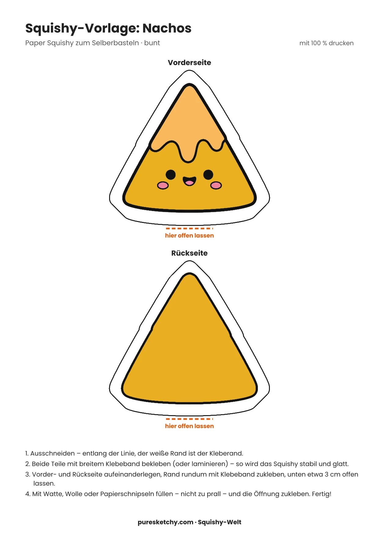 Dreieckiger Nacho-Chip mit goldgelber Kruste, tropfendem Käse und einem frechen Gesicht als Papier-Squishy