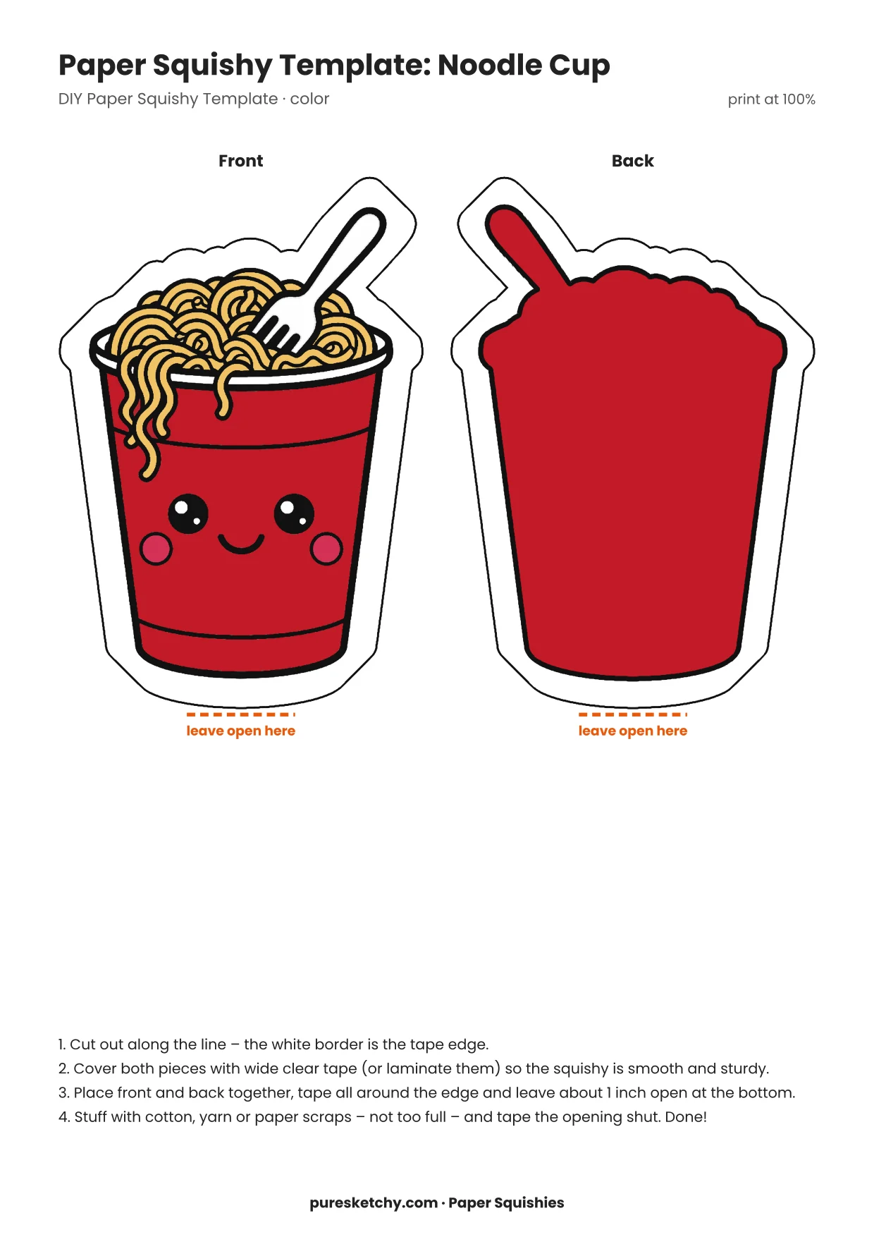 Paper squishy noodle cup with a colorful label, steam and a friendly face