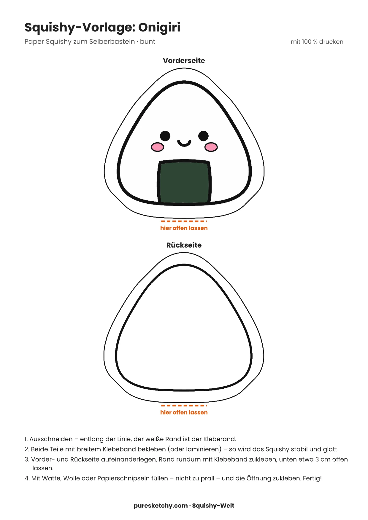 Dreieckiger Papier-Squishy-Onigiri mit Nori-Streifen und kleinem lächelnden Gesicht