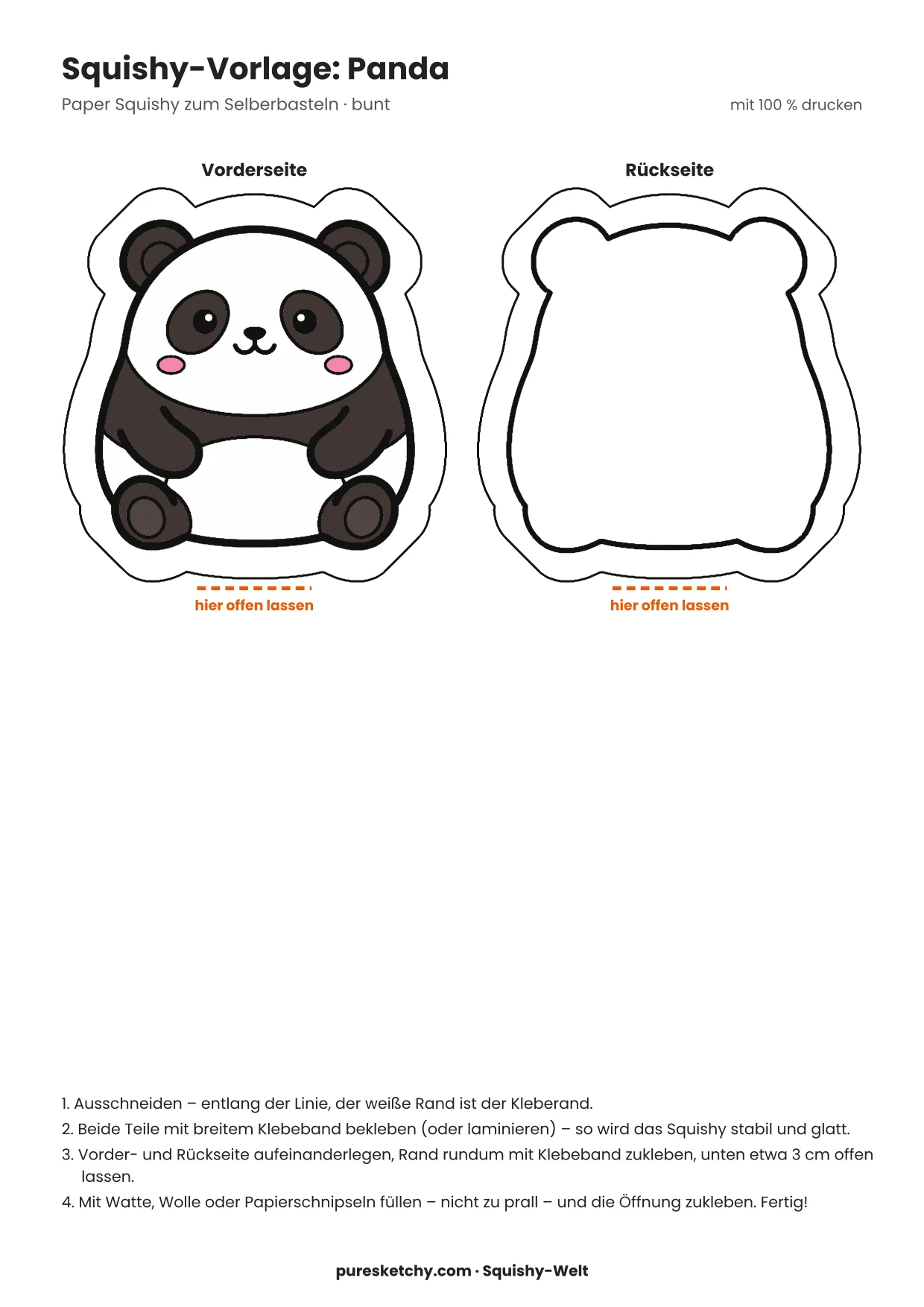 Bunter Panda-Squishy mit weißem Gesicht, schwarzen Augenflecken, runden Ohren und einem Bambusstück