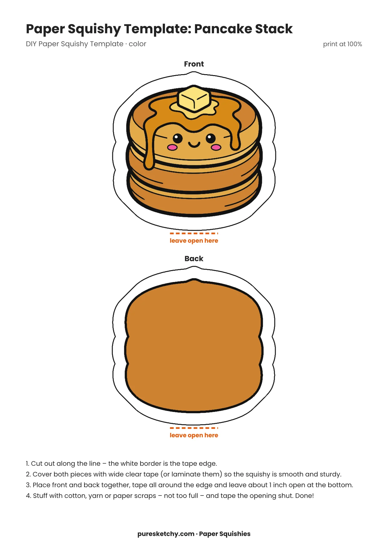 Paper squishy pancake stack with syrup, a butter pat on top and a friendly face