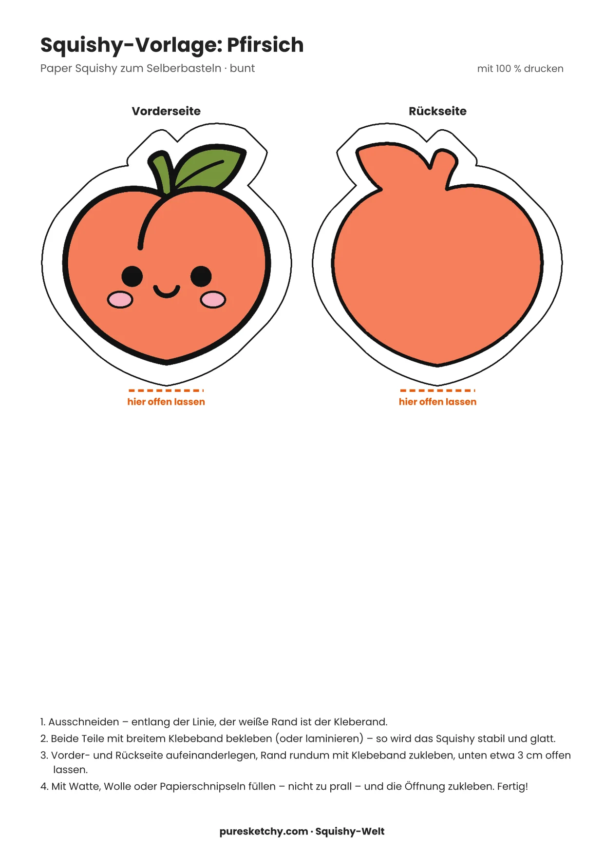 Rundlicher orange-rosa Pfirsich mit grünem Blatt, Kulleraugen und lächelndem Mund als Papier-Squishy