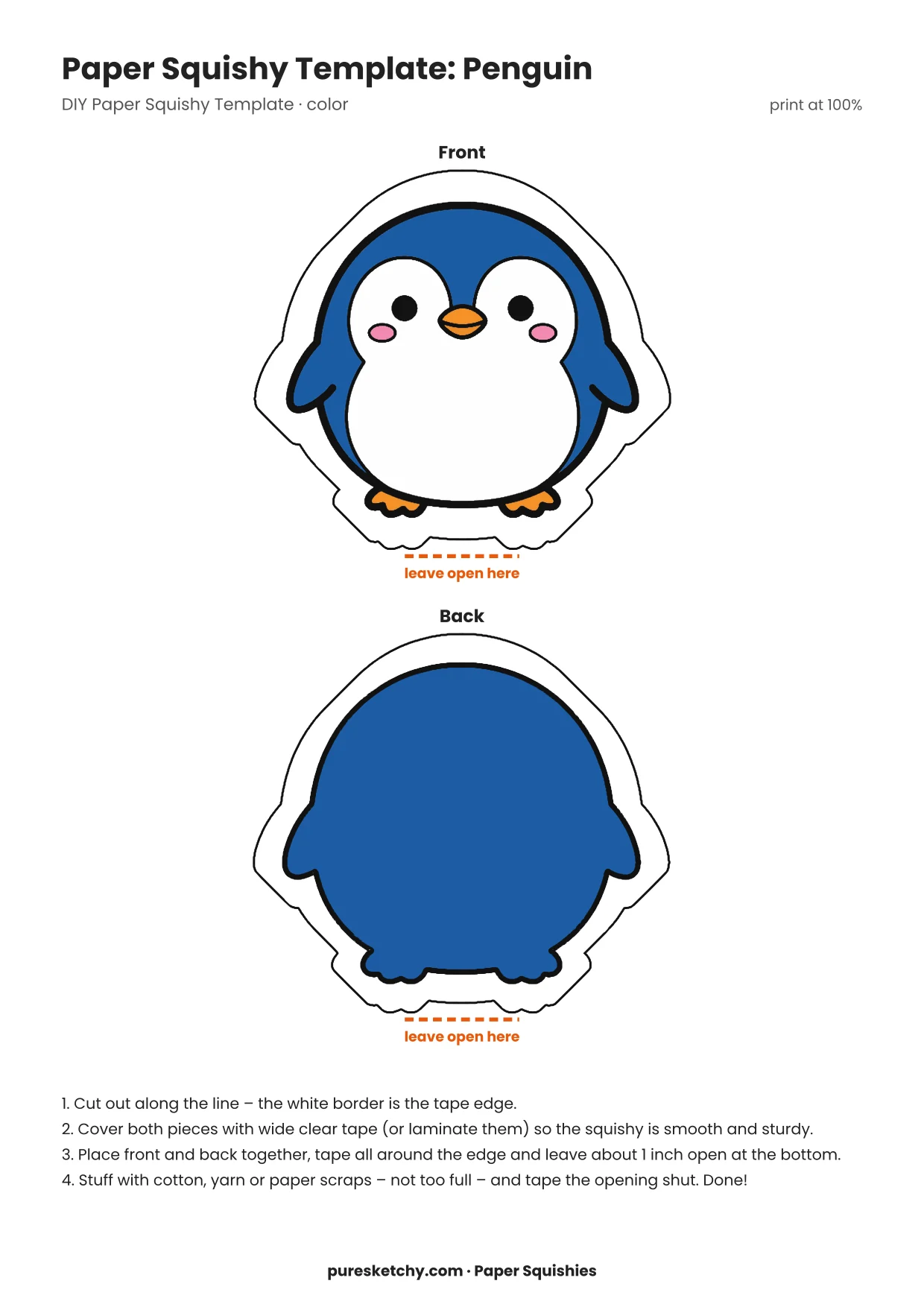 Colorful penguin paper squishy with black back, white belly, orange beak and small flippers