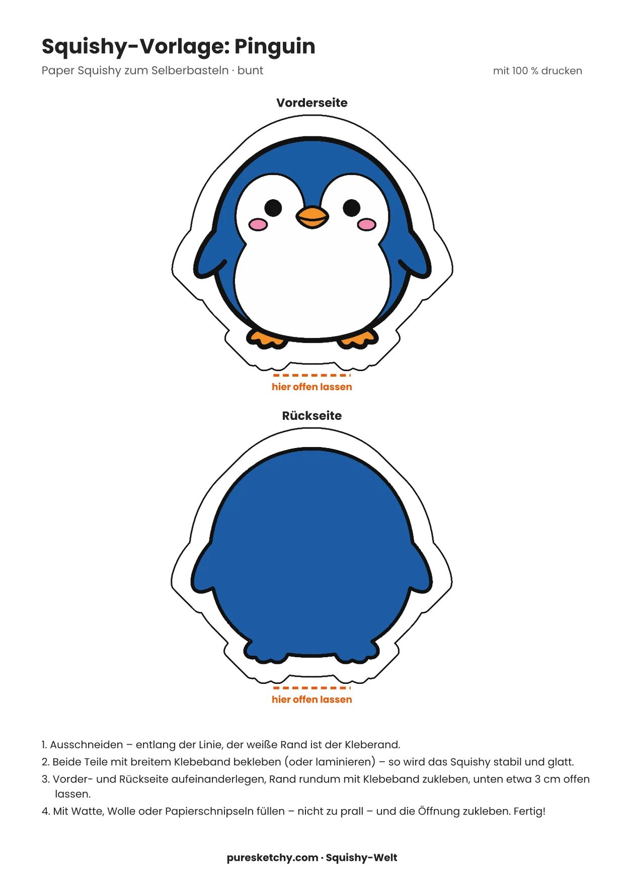 Bunter Pinguin-Squishy mit schwarzem Rücken, weißem Bauch, orangem Schnabel und kleinen Flossen