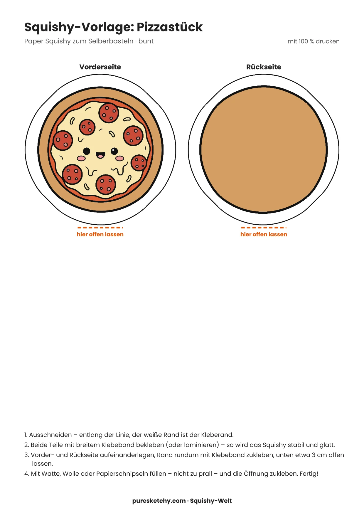 Dreieckiges Pizzastück mit goldenem Rand, Käse, Salamischeiben und lächelndem Gesicht als Papier-Squishy