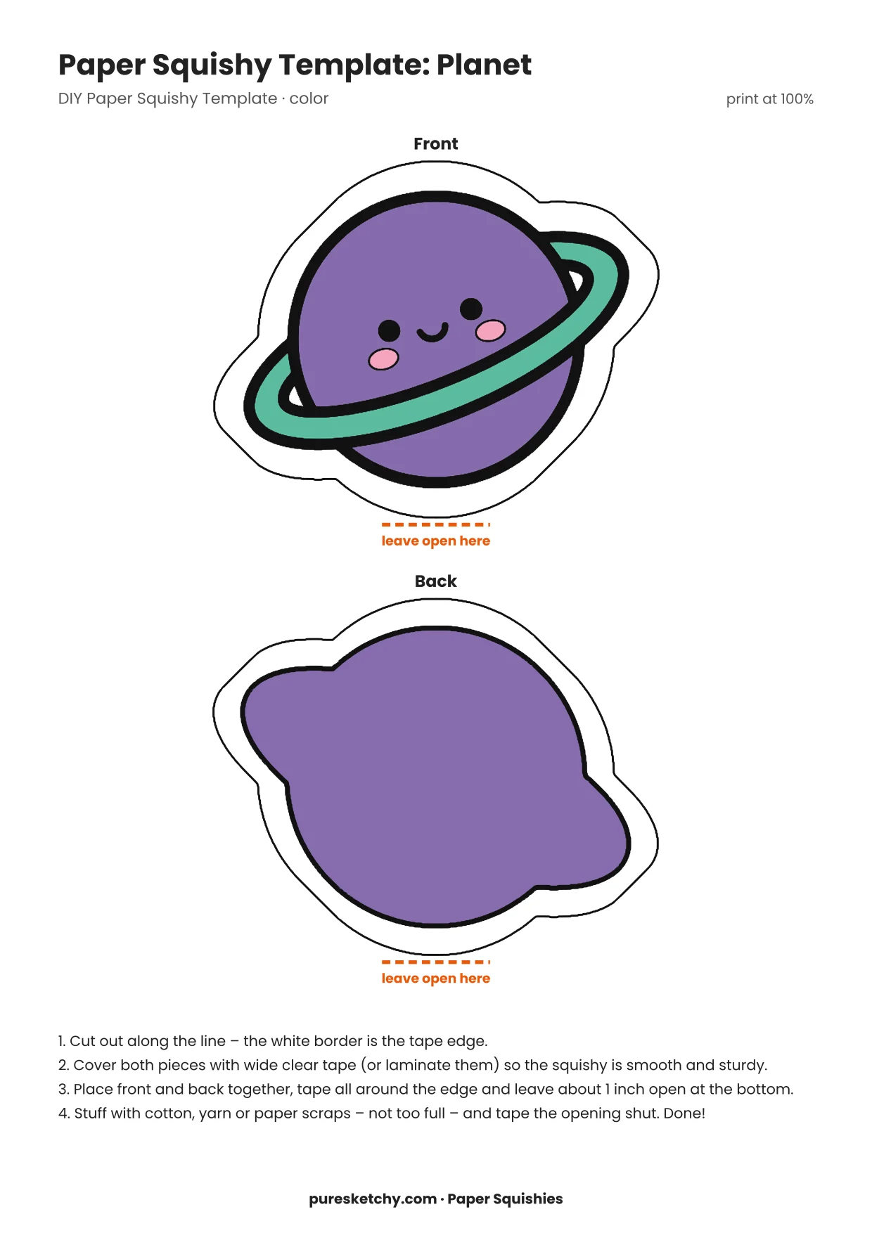 Colorful purple and pink planet paper squishy with a yellow ring, craters, little stars and a friendly face