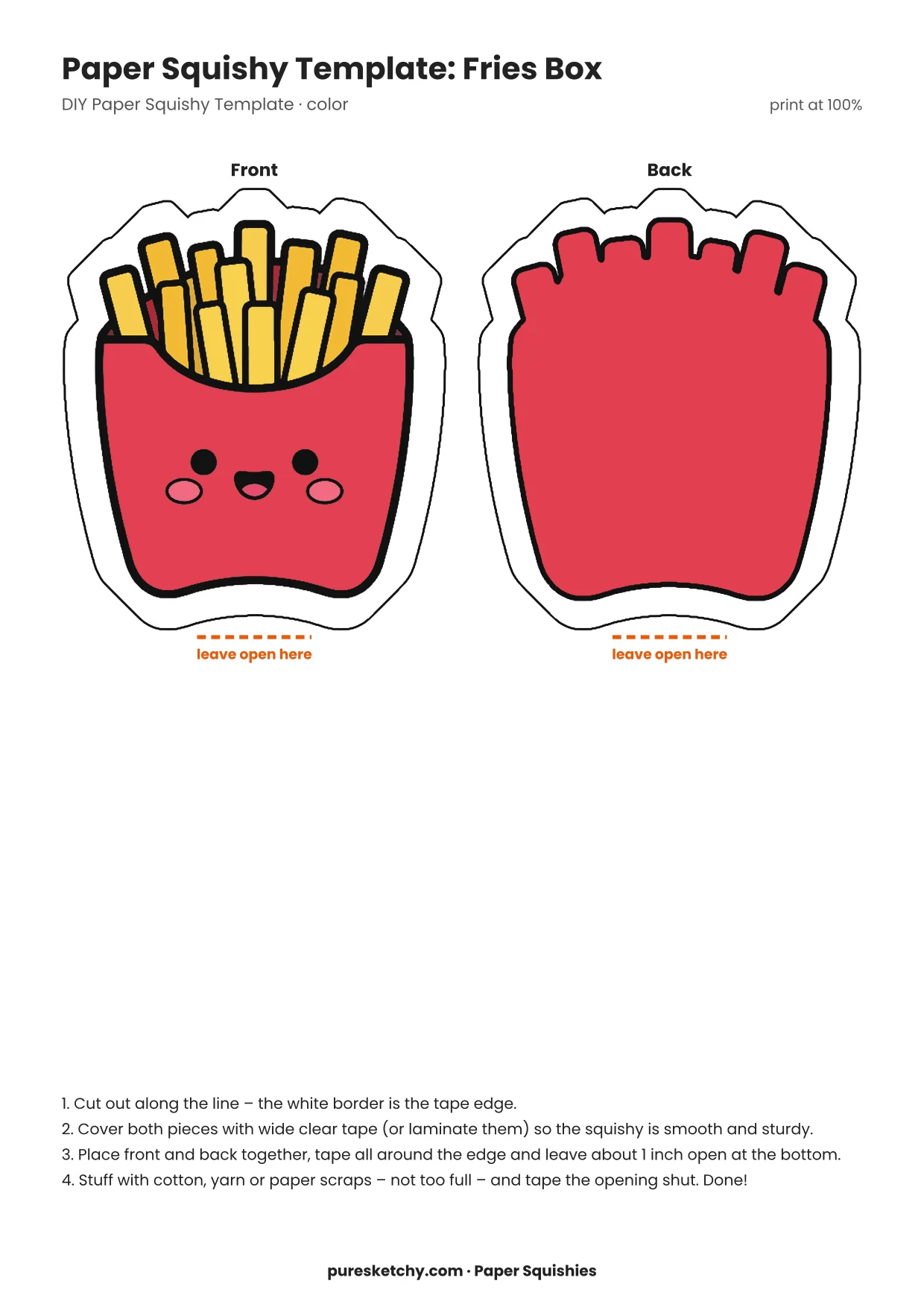 Red cardboard box filled with golden french fries and a cheerful face as a colorful paper squishy