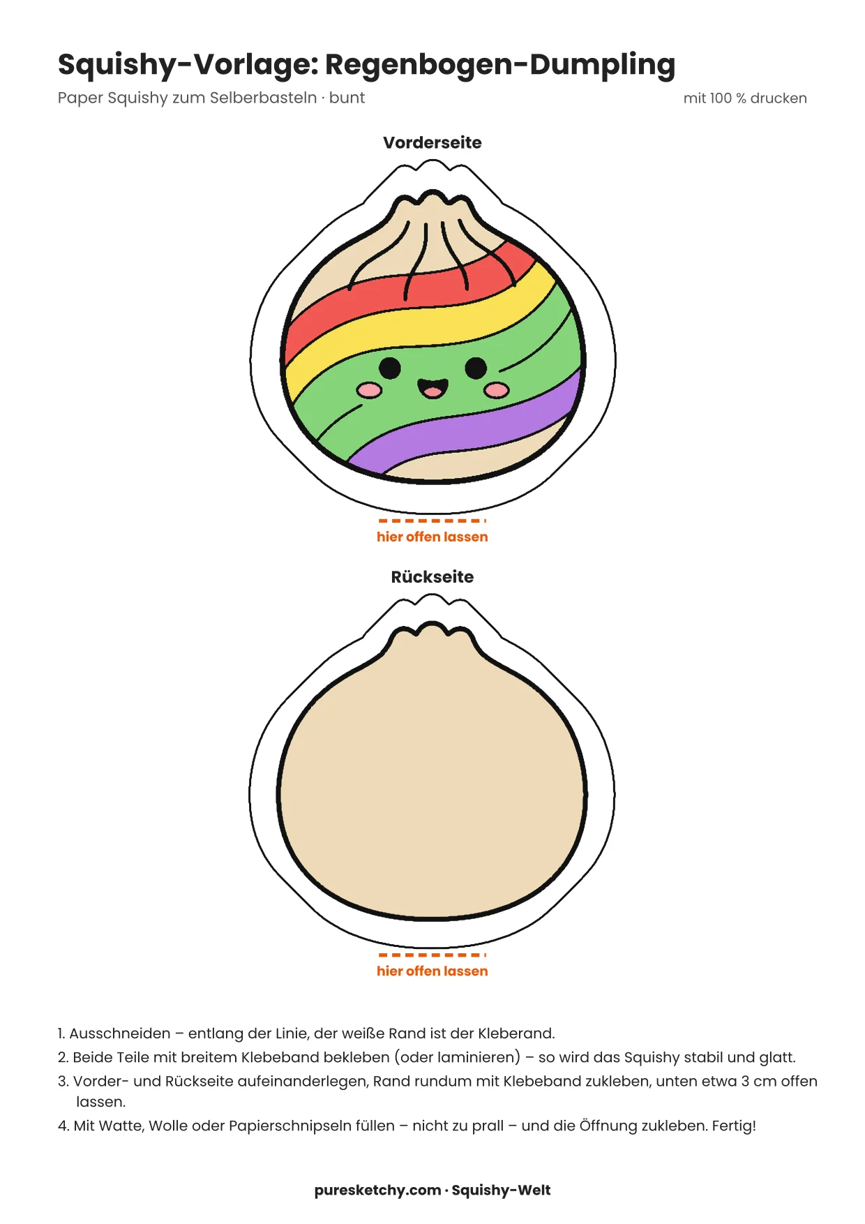 Papier-Squishy-Dumpling mit bunten Regenbogen-Streifen, Faltenrand und fröhlichem Gesicht