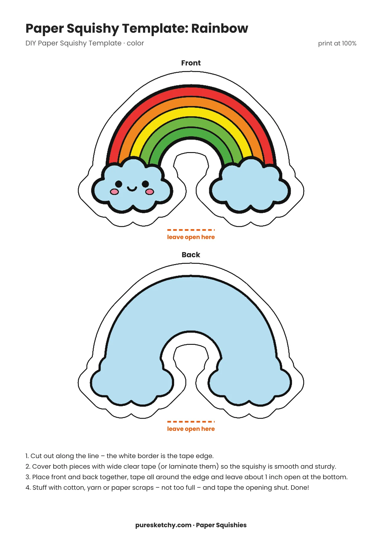 Colorful rainbow paper squishy with red, yellow, green and blue arcs, white clouds at the ends and a smiling face
