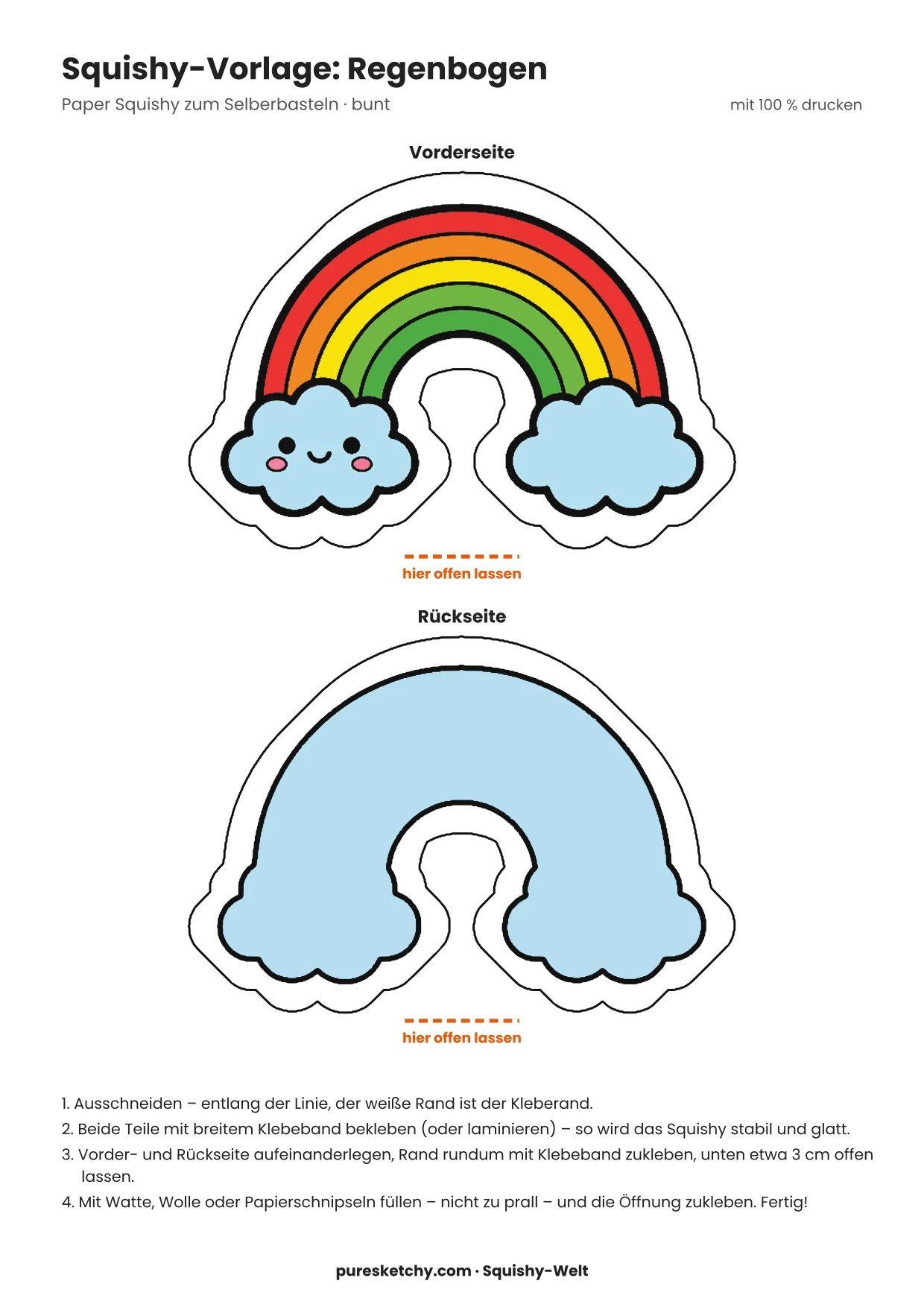 Bunter Regenbogen-Squishy mit rotem, gelbem, grünem und blauem Bogen, weißen Wolken an den Enden und lächelndem Gesicht