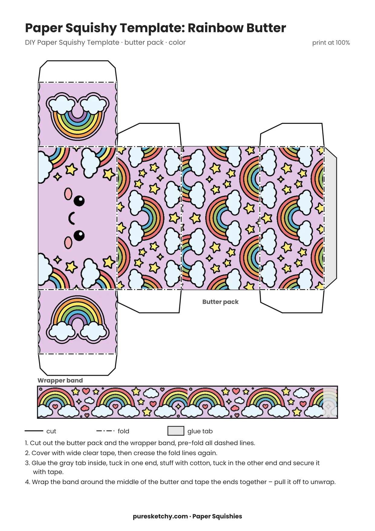 Lilac paper butter pack with a face, tiny rainbows, fluffy clouds and stars