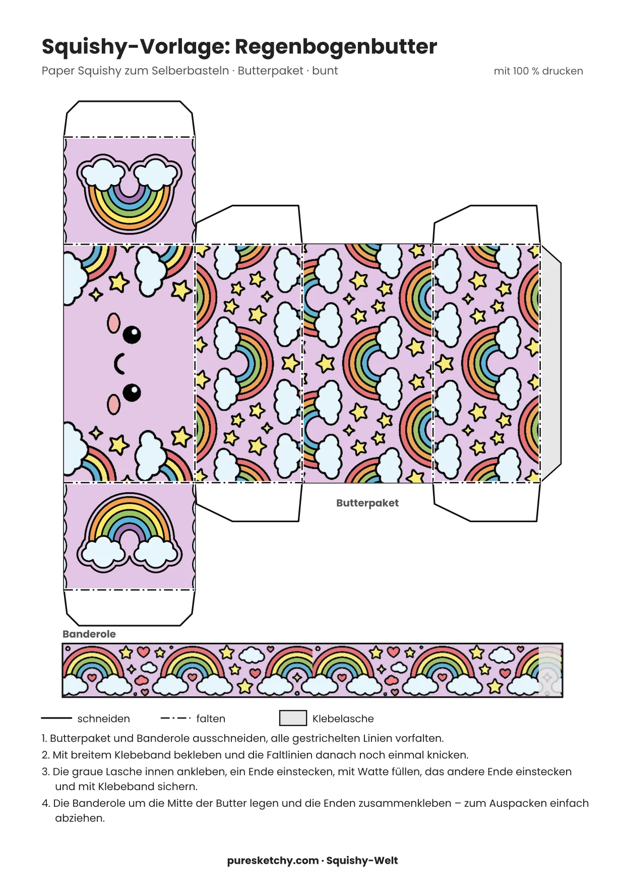 Fliederfarbenes Papier-Butterpaket mit Gesicht, kleinen Regenbögen, Wölkchen und Sternen