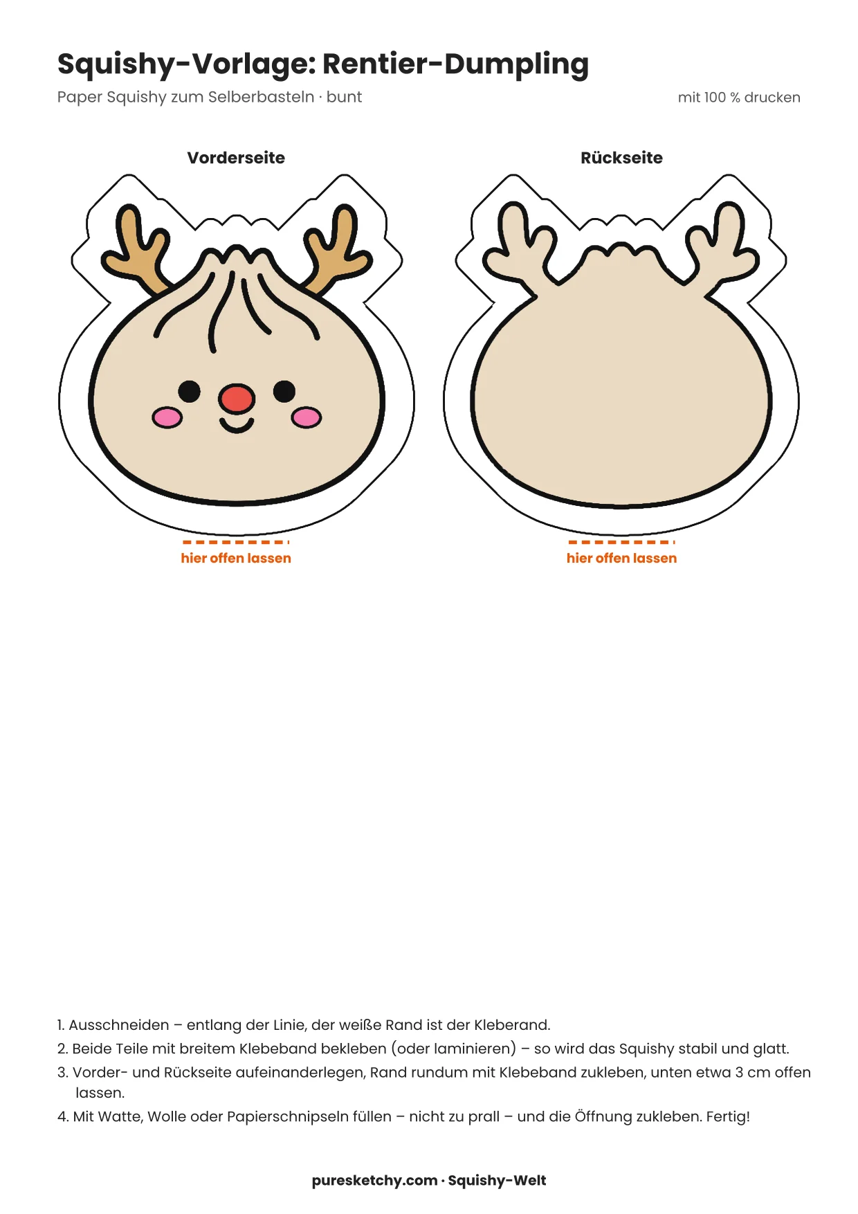 Brauner Papier-Squishy-Dumpling mit kleinem Geweih, roter Knubbelnase und fröhlichem Gesicht