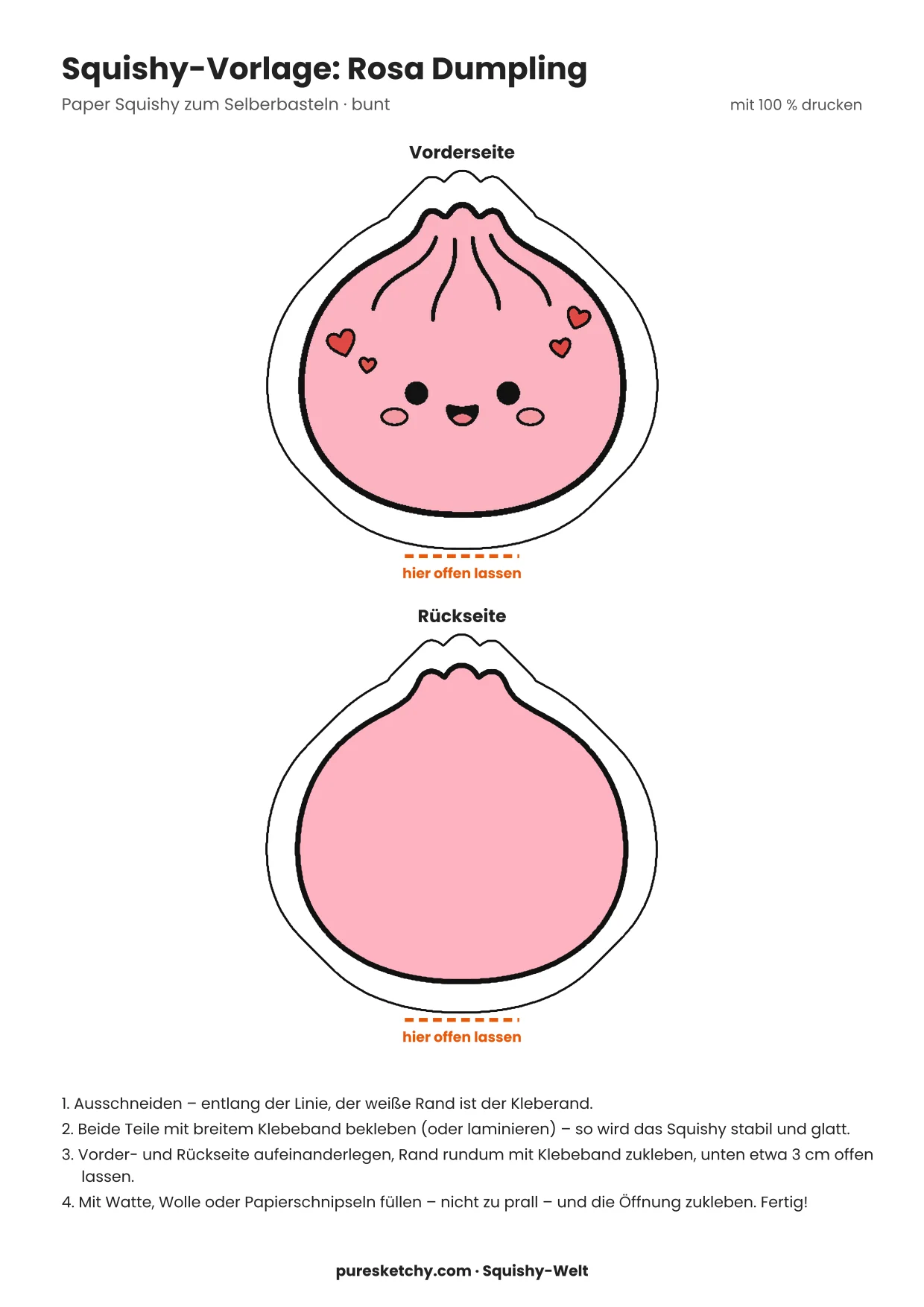 Rosa Papier-Squishy-Dumpling mit kleinen Herzchen, Faltenrand und lächelndem Gesicht