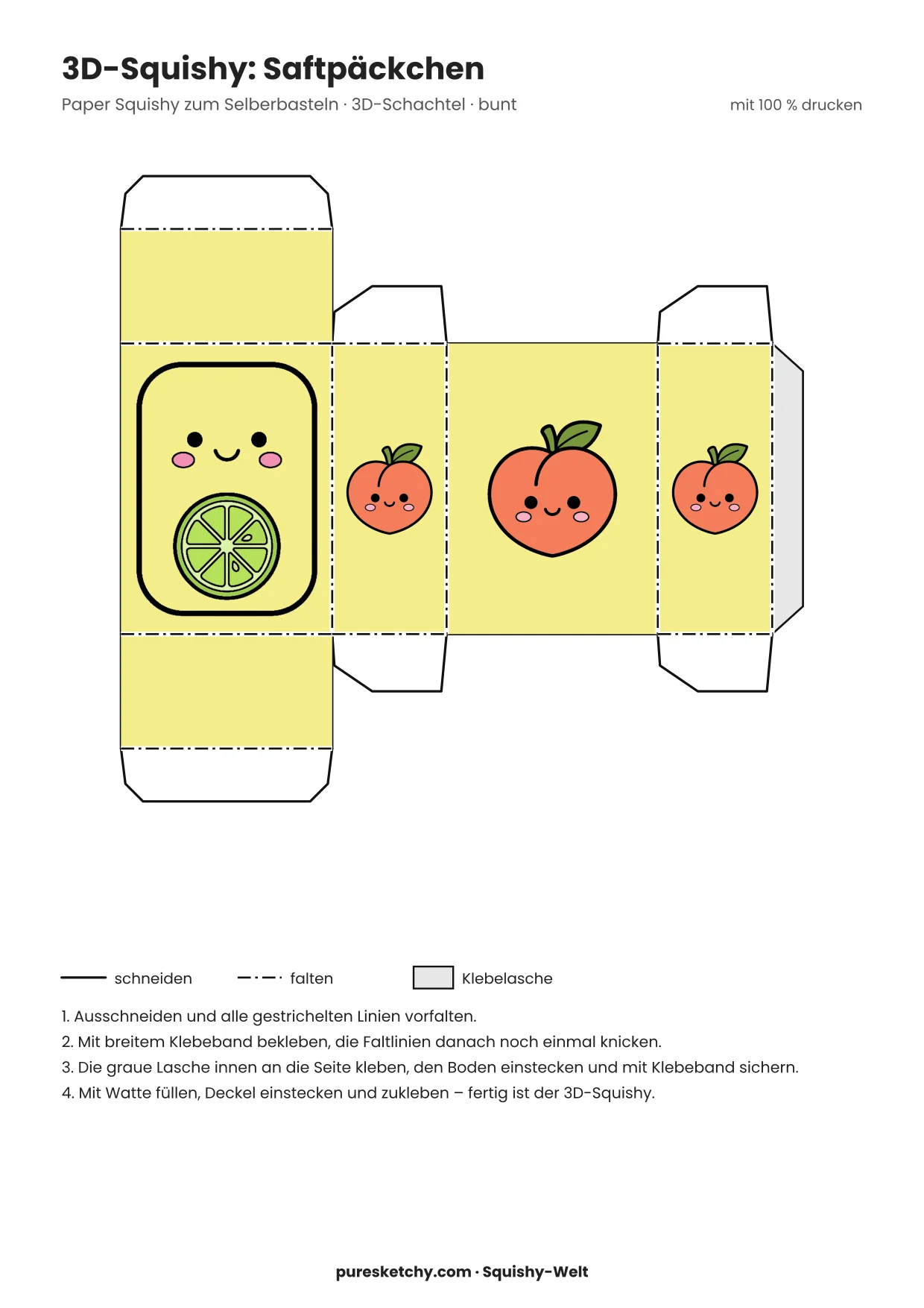 Faltnetz eines Saftpäckchens mit Strohhalm, Fruchtmotiv und lächelndem Gesicht als bunte 3D-Box-Squishy-Vorlage