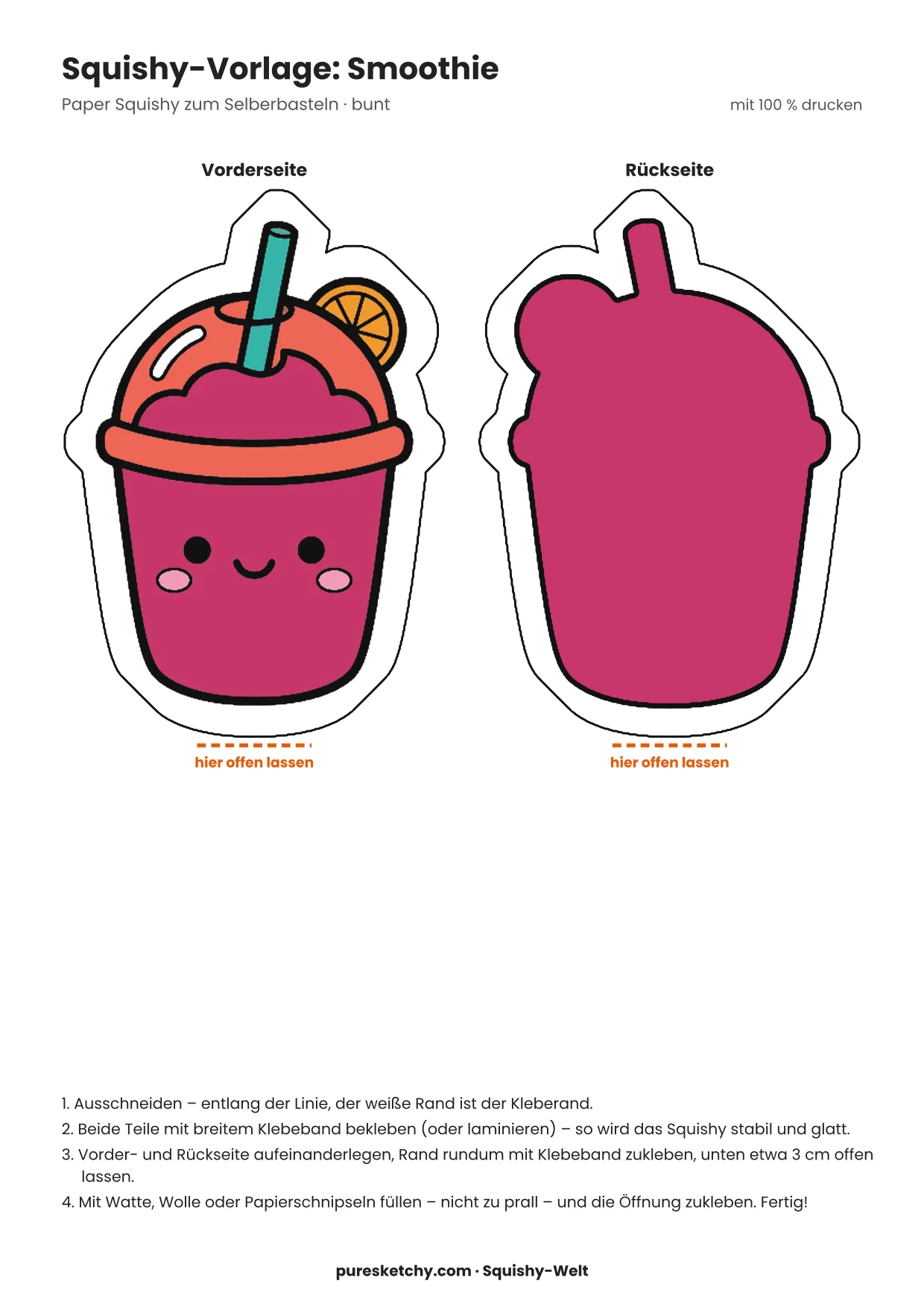 Durchsichtiger Becher mit rosa Smoothie, Beeren, Banane und Strohhalm und freundlichem Gesicht als Papier-Squishy
