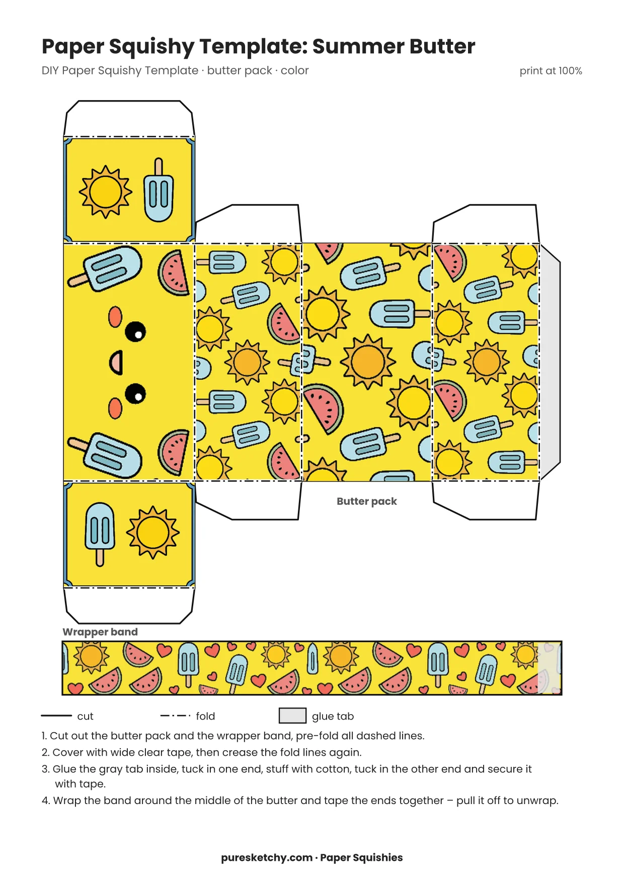 Sunny yellow paper butter pack with a face, little suns, watermelon slices and popsicles