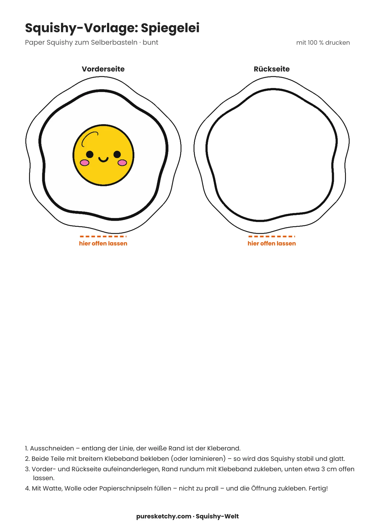 Papier-Squishy-Spiegelei mit weißem Eiweiß, gelbem Dotter und fröhlichem Gesicht