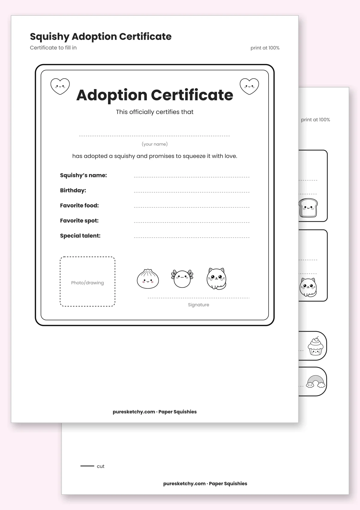 Decorated adoption certificate with spaces for name, birthday, favorite food and signature