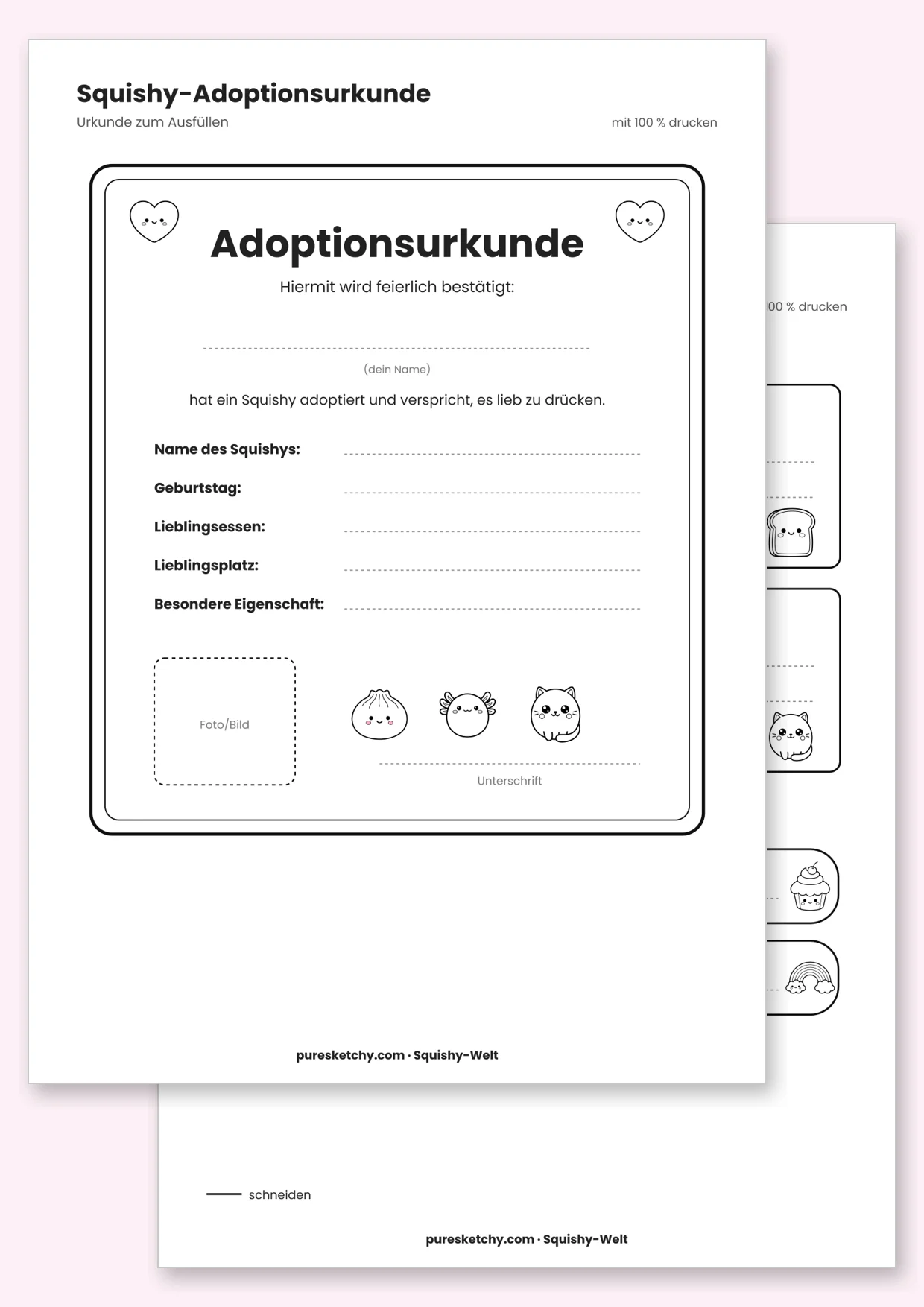 Verzierte Adoptionsurkunde mit Feldern für Name, Geburtstag, Lieblingsessen und Unterschrift