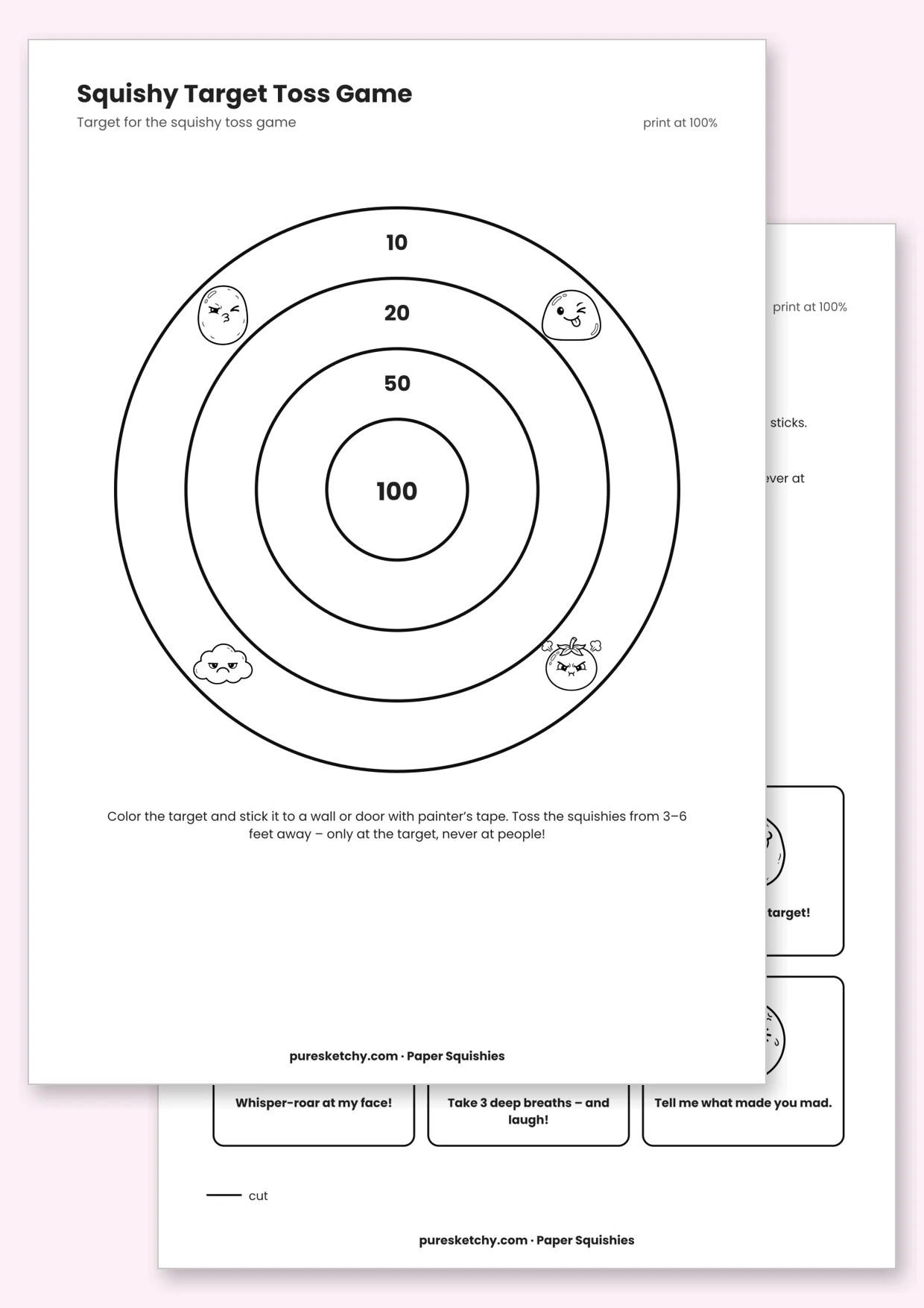 Colorful target with point values, a score sheet and let-it-out cards for the squishy toss game
