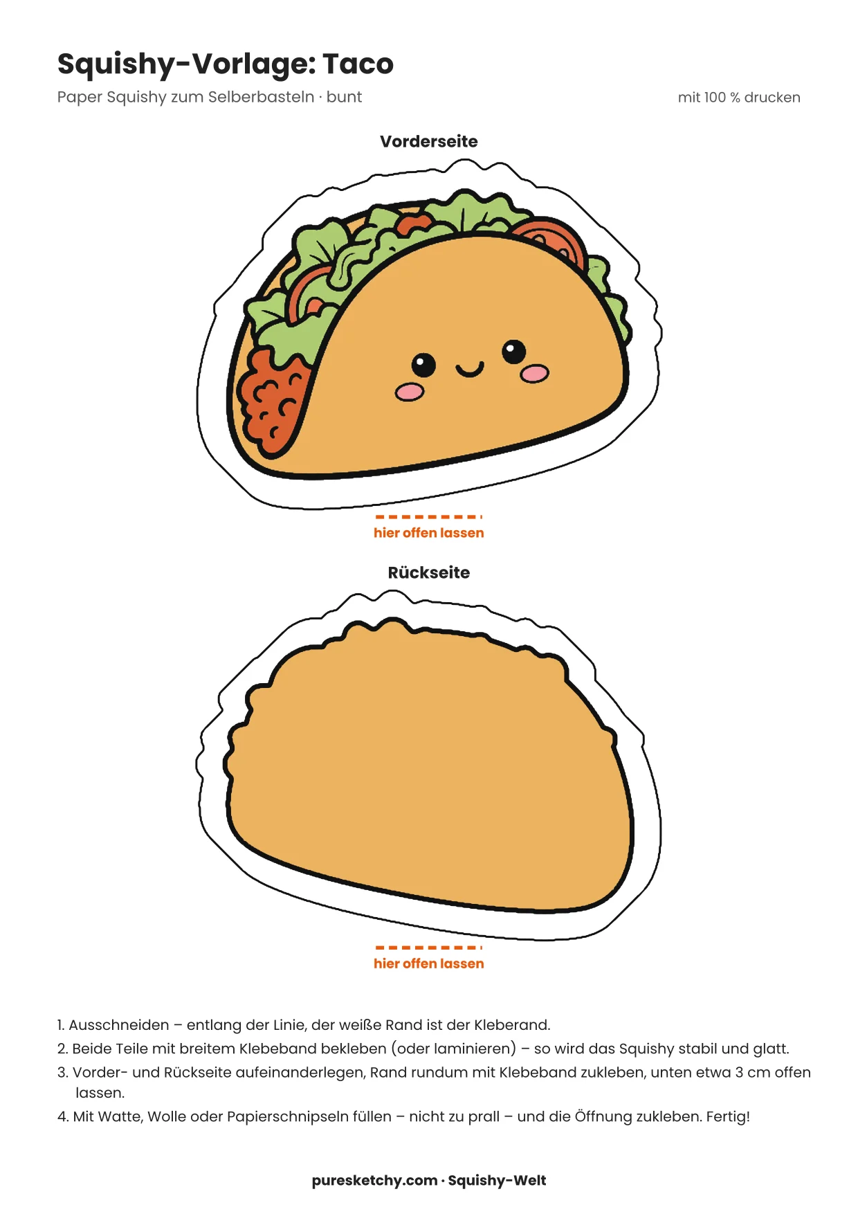 Halbmondförmiger Taco mit gelber Schale, grünem Salat, roten Tomaten und lächelndem Gesicht als Papier-Squishy