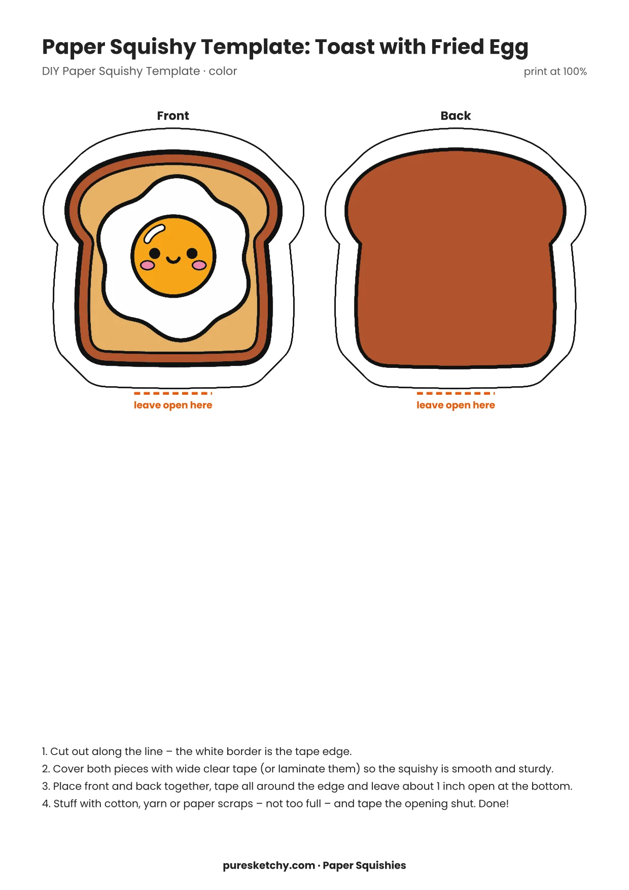 Paper squishy toast with a fried egg, golden yolk, crust and a cheerful face