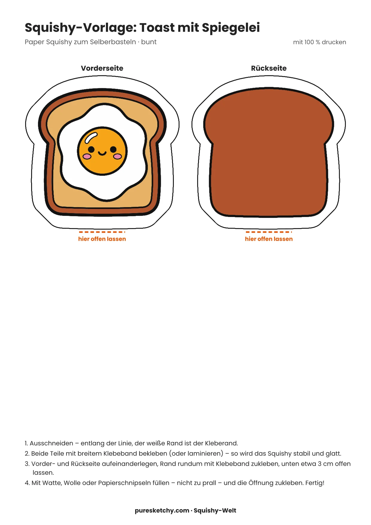 Papier-Squishy-Toast mit Spiegelei, goldgelbem Dotter, Kruste und fröhlichem Gesicht