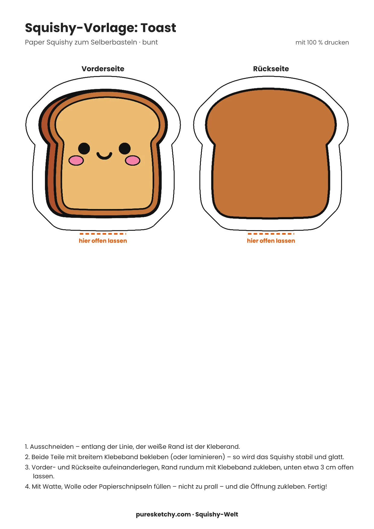Papier-Squishy-Toastscheibe mit goldbrauner Kruste, heller Krume und süßem Gesicht