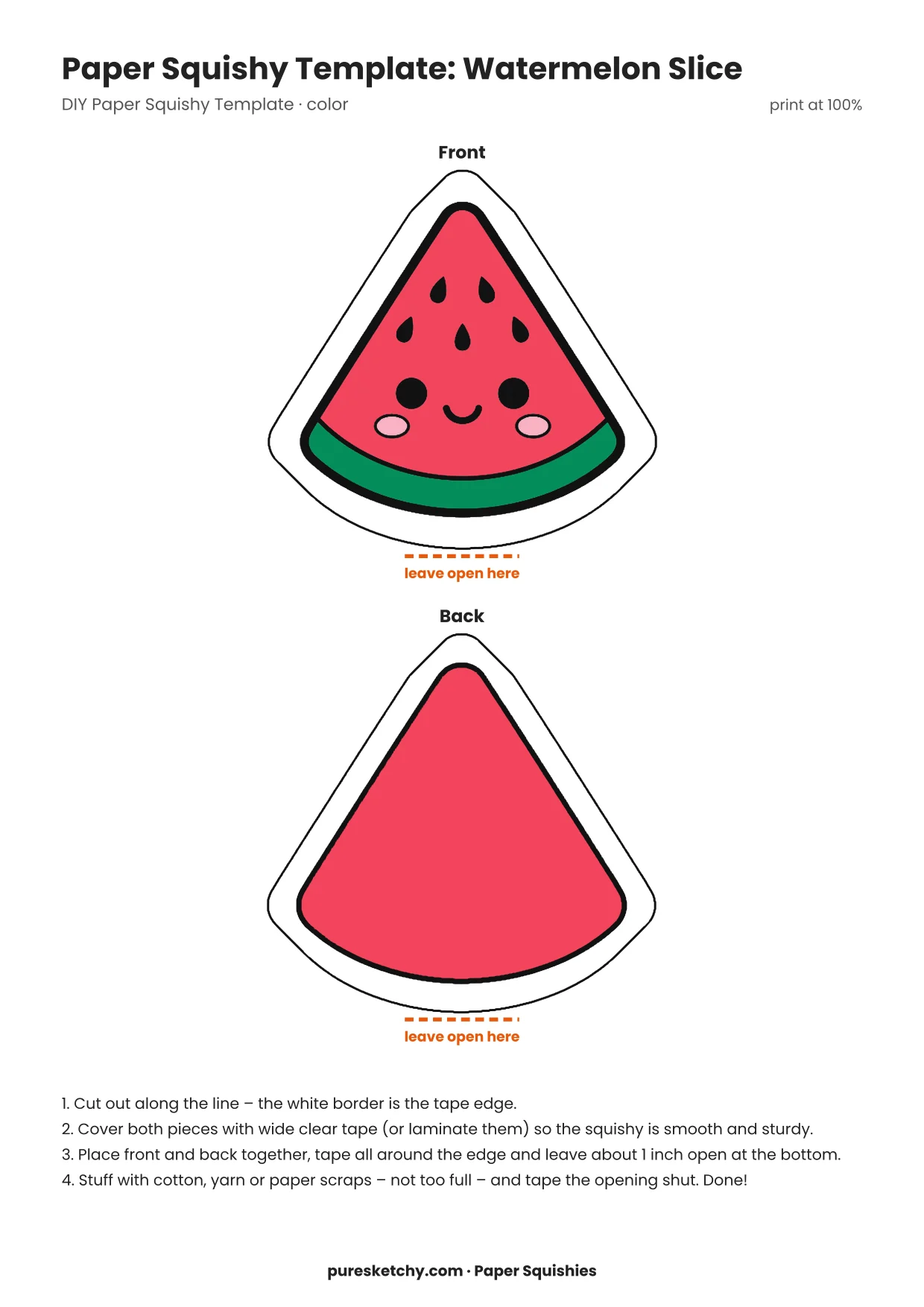 Watermelon slice with green rind, red flesh, black seeds and a laughing face