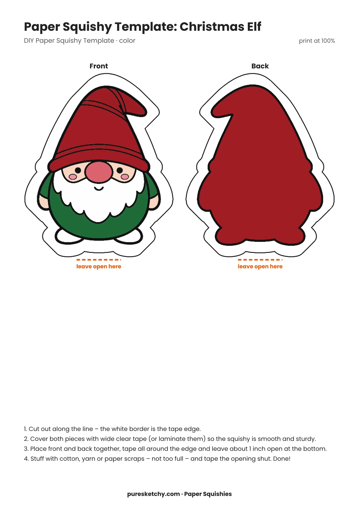 Little Christmas elf with a tall red hat and rosy cheeks as a paper squishy template
