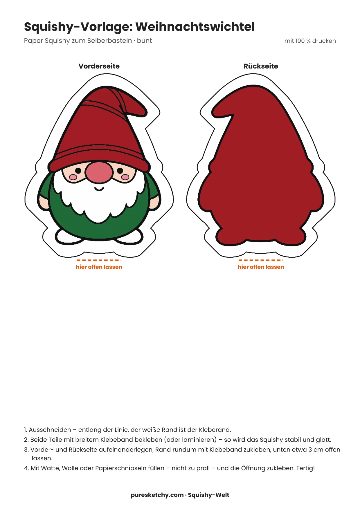 Kleiner Weihnachtswichtel mit roter Zipfelmütze und rosigen Wangen als Papier-Squishy-Vorlage