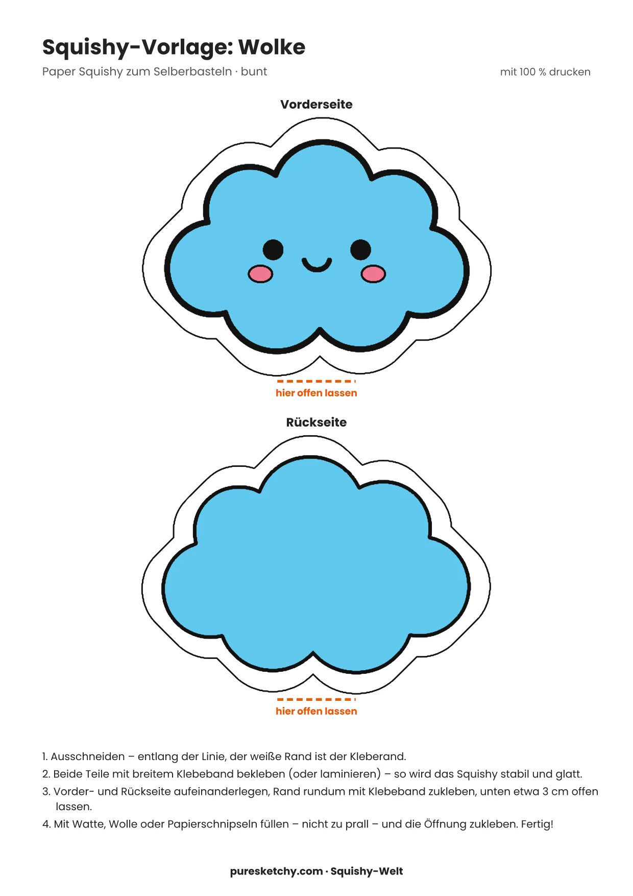 Bunter Wolken-Squishy in Hellblau und Weiß mit geschlossenen Augen, rosa Bäckchen und sanftem Lächeln