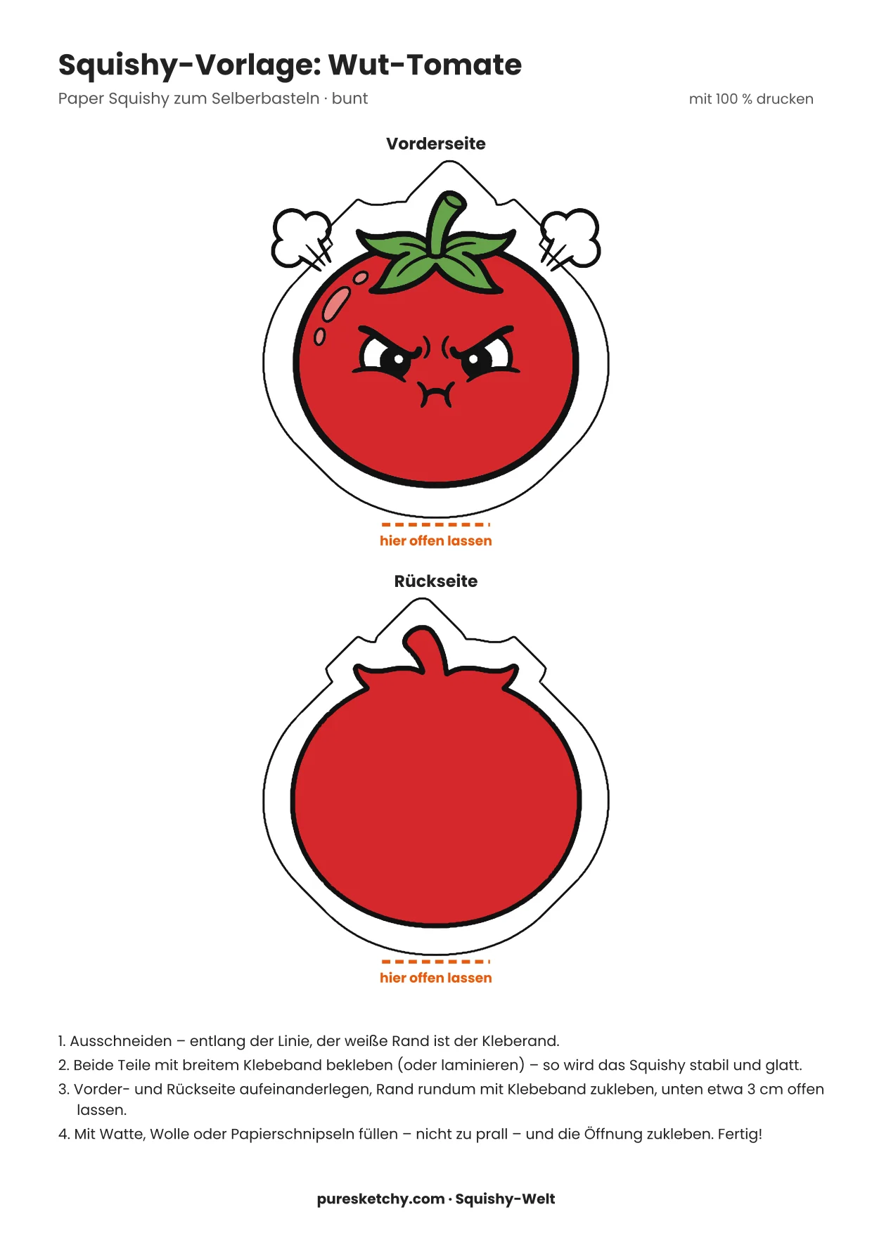 Knallrote Tomate mit grünem Stiel, zusammengezogenen Augenbrauen und wütend verzogenem Mund