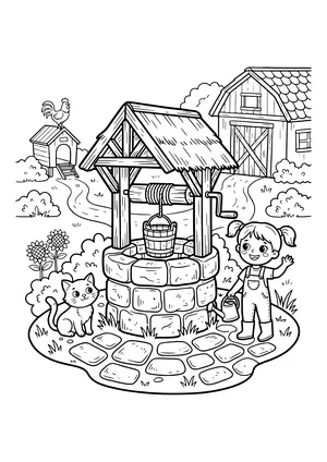 Round stone well with a wooden roof, crank, rope and wooden bucket, a cat, sunflowers and a waving girl with a watering can, with a barn and chicken coop with a rooster behind – coloring page to print