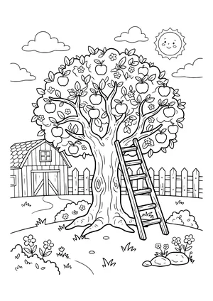 Large apple tree with many apples and blossoms, a wooden ladder leaning on it, a barn, picket fence, flowers and a smiling sun – coloring page to print