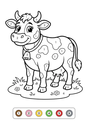 Cow with spots, horns, a bell and an udder on grass, with numbers 1 to 6 in the areas and a color key at the bottom – color by number page to print