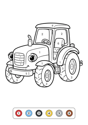 Smiling tractor with a cab, grille, exhaust pipe and big tires, with numbers 1 to 6 in the areas and a color key at the bottom – color by number page to print
