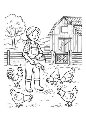 Smiling farmer with a ponytail, overalls and rubber boots scattering grain for a rooster and four hens, with a wooden barn, a fence with a gate, a haystack and a tree behind – coloring page to print