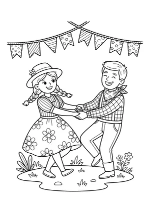 Young couple dancing hand in hand on the grass, she in a hat and flowery dress, he in a plaid shirt and bandana, with bunting overhead – coloring page to print