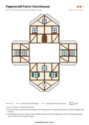 Fold-up net of a half-timbered farmhouse with a wooden door, flower boxes, and green shutters, with glue tabs, printable