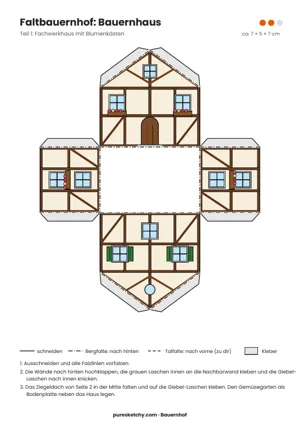 Faltnetz eines Fachwerk-Bauernhauses mit Holztür, Blumenkästen und Fensterläden, mit Klebelaschen zum Ausdrucken