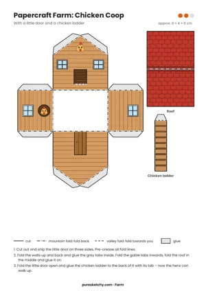 Fold-up net of a wooden chicken coop with a small door, windows, and chicken pictures, plus a tile roof and a ladder, printable